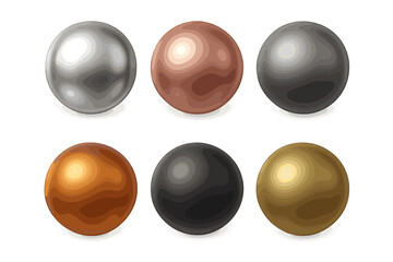 Various metallic spheres arranged in a grid with diverse finishes including glossy, matte, and polished surfaces