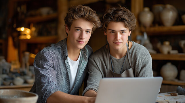 Collaborative Young Ceramists Working on a Laptop in Their Shop - Powered by Adobe