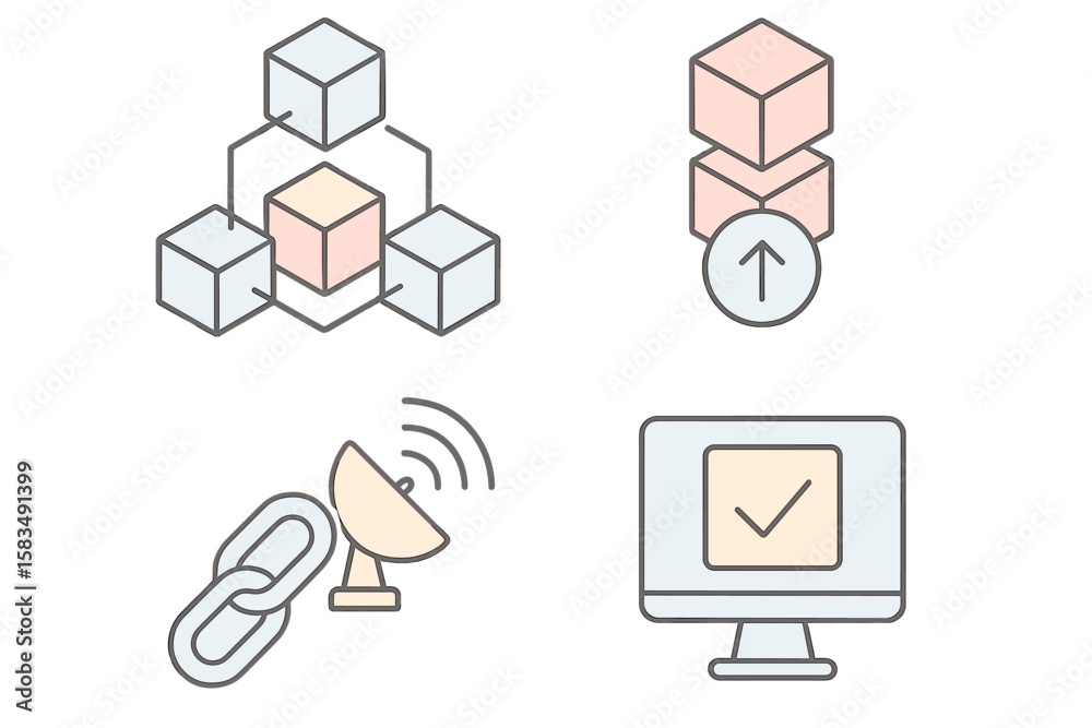 Poster visual representation of digital technology concepts including blockchain, data transmission, and co