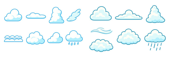 Different types of clouds illustrated in a clear style showcasing various shapes and weather indicators in a bright background
