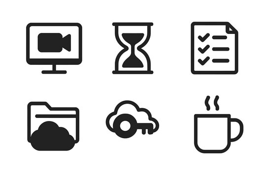 Collection of icons representing video recording, time, task management, file storage, cloud access, and coffee break