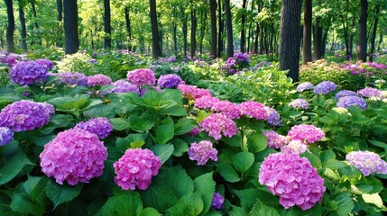 Obraz premium Colorful hydrangeas bloom in a sunny forest.