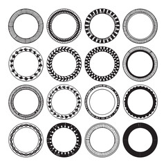 Collection of sixteen unique black and white circular decorative borders and frames with various geometric and natural patterns