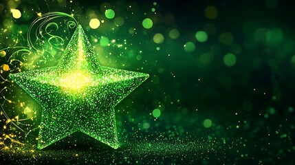 Sparkling green star on a dark green background