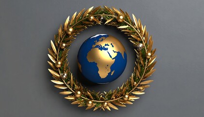 Gold wreath encircles a blue globe