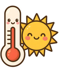 Smiling cartoon sun and thermometer with high temperature reading. Fun, cheerful illustration symbolizing heat, summer, and warm weather.
