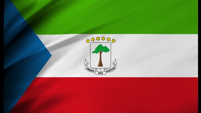 Waving flag of Equatorial Guinea with green white red stripes blue triangle and coat of arms suitable for  use in African or cultural contexts