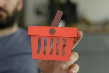 Person holding a digital shopping cart icon.  E-commerce, online retail, purchasing concept.