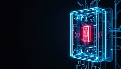 Illuminated circuit board with a glowing switch.