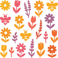 Obraz premium Spring Flowers and Bees Icon Set – Colourful Flat Vector Tulips, Daisies, Lavender and Pollinators