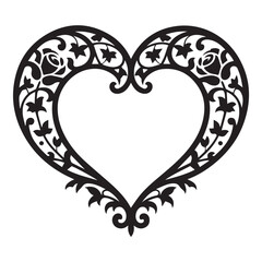 Elegant black heart shaped frame with intricate floral and vine like scrollwork and star motifs on a white background