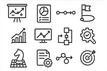Fototapeta premium Minimalist linear business icons with charts, infographics, and strategy elements