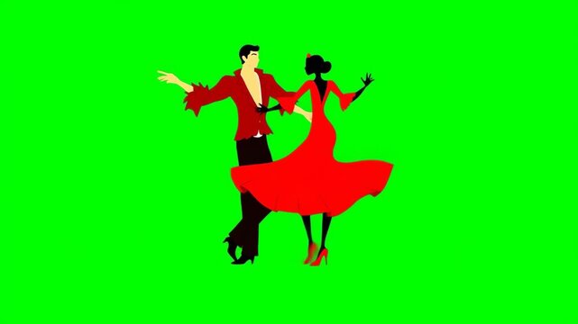 White man and afroamerican woman in red dress dancing latin dance, cartoon style, isolated green screen, chroma key, footage, mockup, loop