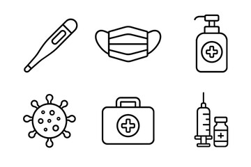 Healthcare symbols illustrating pandemic safety measures and health essentials in a clean graphic style