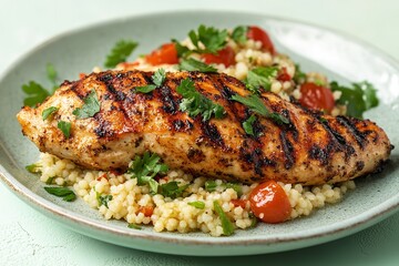 Over pale green setting dish with grilled chicken and couscous depicts beneficial and spicy summery dish lovely hue delish food, Generative AI.