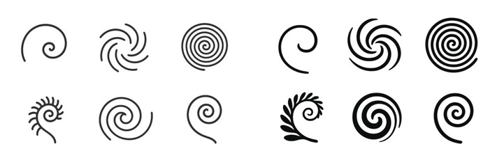 Various spiral and swirl designs created with simple lines showcasing different artistic styles and patterns in black and white