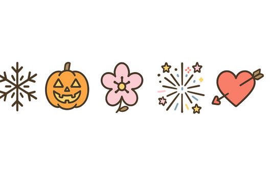 Seasonal icons showing winter snowflake, Halloween pumpkin, spring flower, festive fireworks, and Valentine's heart