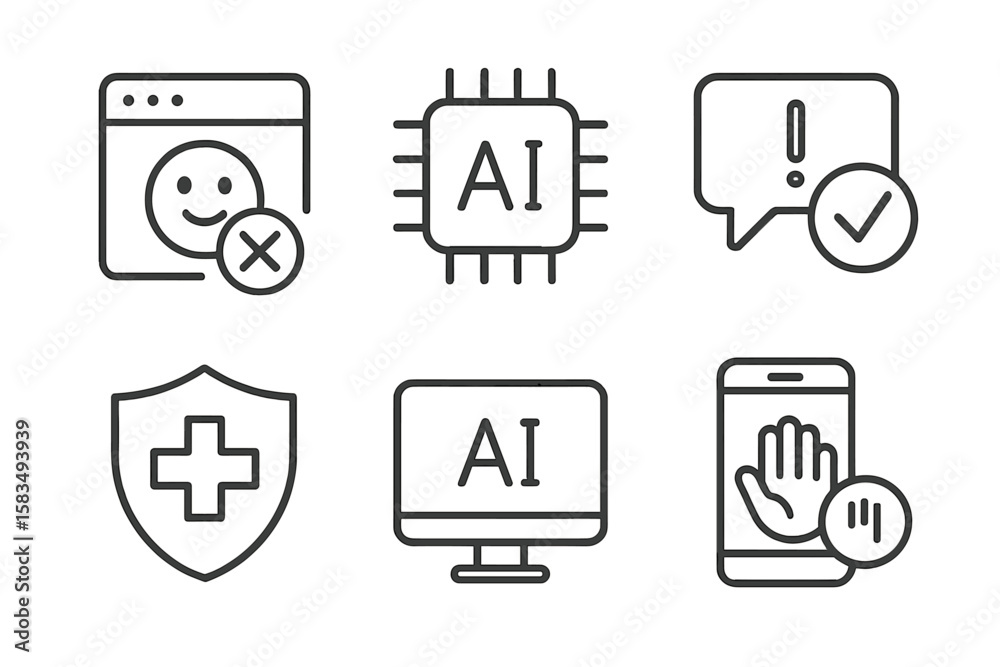 Poster collection of digital icons illustrating themes of artificial intelligence, technology, and user int