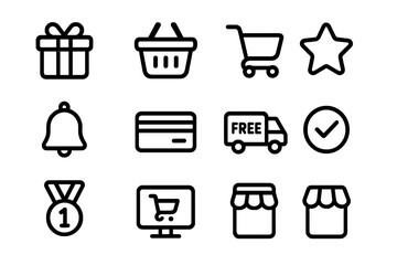 E-commerce icon set with shopping cart, gift, and credit card in outline style