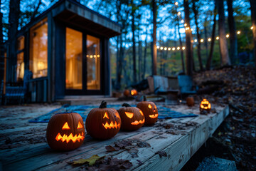 Obraz premium Halloween Jack-o’-Lanterns on a Cozy Forest Cabin Deck at Dusk