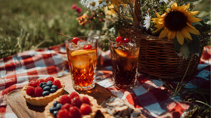 Fototapeta premium Refreshing Summer Picnic Scene with Iced Beverages and Assorted Fruit Tarts on a Checkered Blanket
