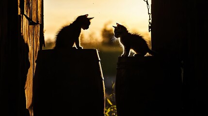 Naklejka premium Silhouettes of Two Cats Facing Each Other at Sunset