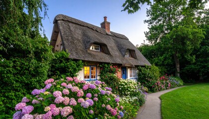 Charming Thatched Cottage with Hydrangeas and Garden Path