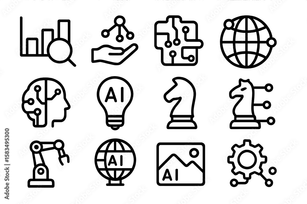 Poster technology icons set featuring ai, data analytics, robotics, and network design