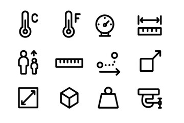 Minimalist measurement icon set including thermometers, gauge, ruler, and scale symbols
