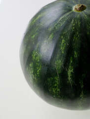 a shiny watermelon seen isolated against a white background