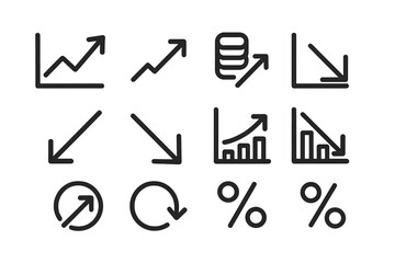 Dark mode icon set: business and finance arrow symbols for economic growth and decline