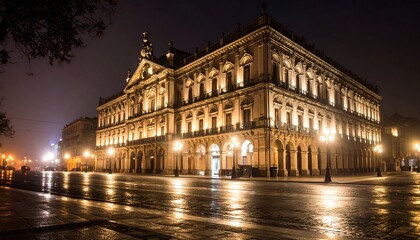 Grand, historic building illuminated at night, reflecting in wet pavement.