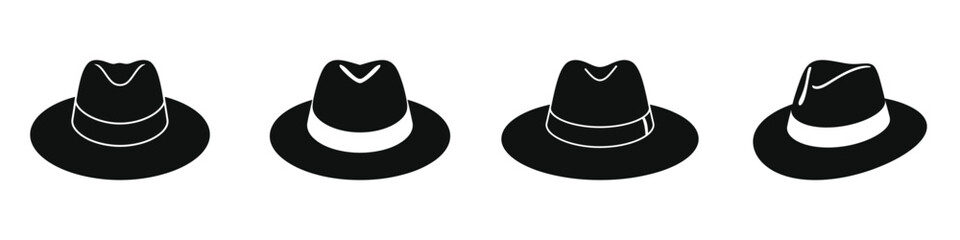 Set of Four Wide-Brim Hat Silhouettes - Stylish Headwear & Fashion Accessory Icons