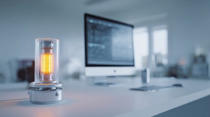 High-tech glowing quantum core energy unit standing on modern lab desk with blurred coding monitor in background ideal for future energy systems and digital AI environments
