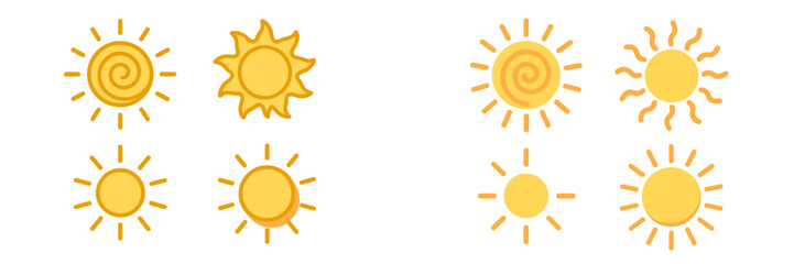 Different variations of sun illustrations showcasing simple designs and vibrant colors