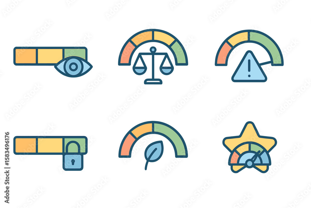 Poster icons representing various metrics of performance and assessment in a user interface for an applicat