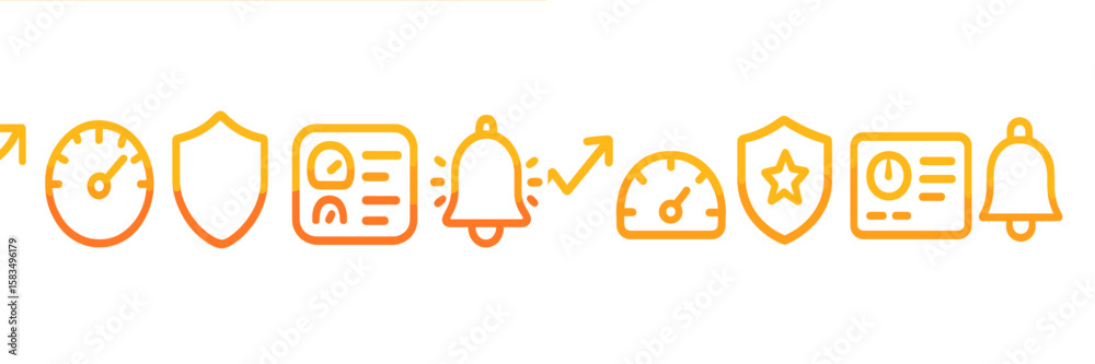 Poster vector graphics of various icons representing security, notifications, and performance monitoring el