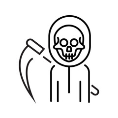 Scary icon of a grim reaper holding a scythe, representing death and darkness. Popular in horror and Halloween designs. Outline icons Collection. editable stroke. vector illustration
