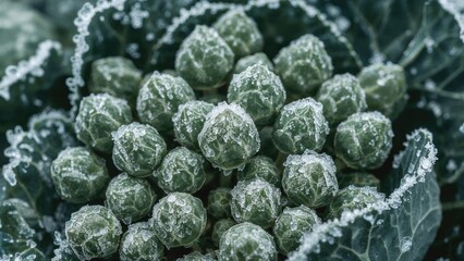 Garden cabbages blanketed with ice in a detailed close-up.