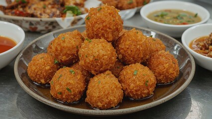 Deliciously fried fish paste bites paired with a flavorful sauce and colorful plating