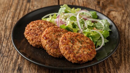 Crunchy fried cutlets accompanied by salad on a dark platter for restaurant listing
