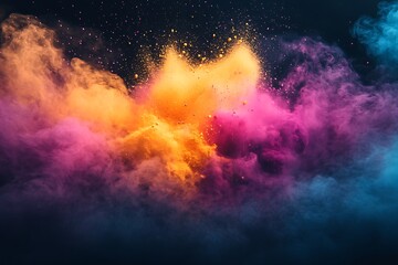 Fototapeta premium A dynamic burst of colorful powder, orange, pink, and blue, with gold dust