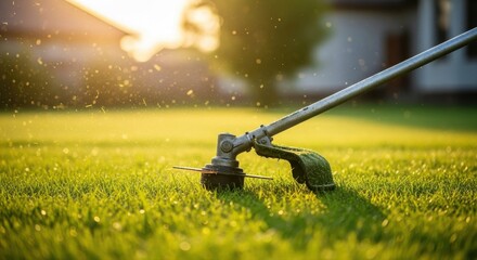 A string trimmer cuts grass clippings in the yard, illuminated by a golden sunlight