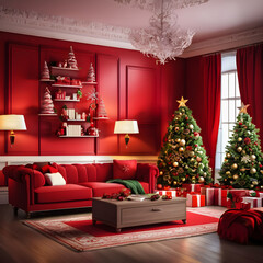 A room decorated for Christmas Day with a Christmas tree and gifts