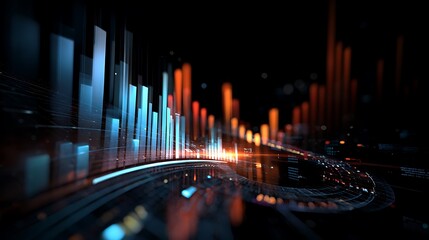 Abstract digital bar chart with futuristic data visualization and glowing lights