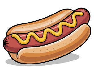 Hot dog with sausage mustard and ketchup in a bun on white background.