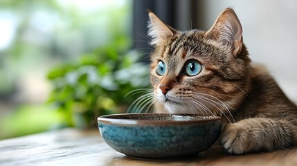 A pensive cat gazes into an empty bowl with a longing expression