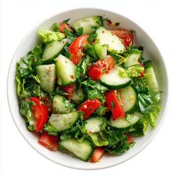 A white bowl filled with a salad of cus, tomatoes, and cus