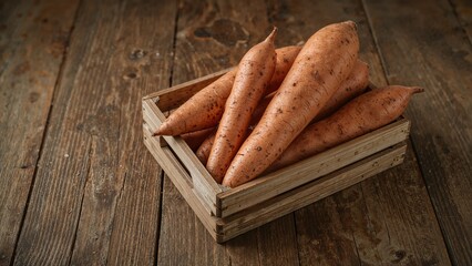 Crate filled with uncooked sweet potatoes on a wooden surface