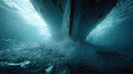 An underwater perspective of a ships stern showcasing the transition between the smooth flow of water over the hull and the chaotic separation zone where bubbles and vortices form around